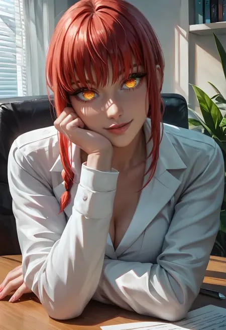 score_9, score_8_up, score_7_up,ultra realistic, masterpiece, high detailed skin, vibrant, highly detailed, award-winning, professional,beautiful aesthetic, very intricate, high quality details BREAK1girl, makima \(chainsaw man\), formal, business suit, upper body, office, desk, head tilt, head rest, seductive smile, wide-eyed, detailed eyes, looking at viewer