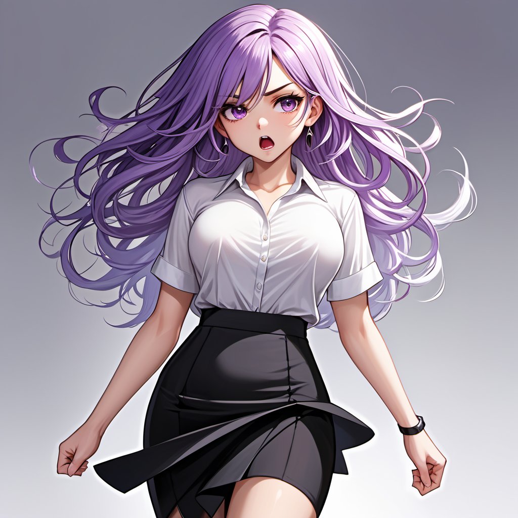 Masterpiece,  high quality, 1 pretty,  lovely girl,  white skin,  light purple hair,  shoulder-length hair,  light curls,  wearing a white shirt and a long black pencil skirt,  (((angry))),  Super Detail,  Full HD