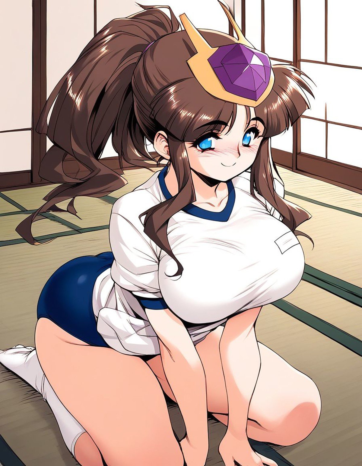 score_9, score_8_up, score_7_up, source_anime, rating_explicit, BREAK  <lora:Raika_XL:1>Raika, long hair, blue eyes, brown hair, ponytail, large breasts, hat, smile, blush,gym uniform,white shirt, dark blue buruma,Japan room, tatami, 