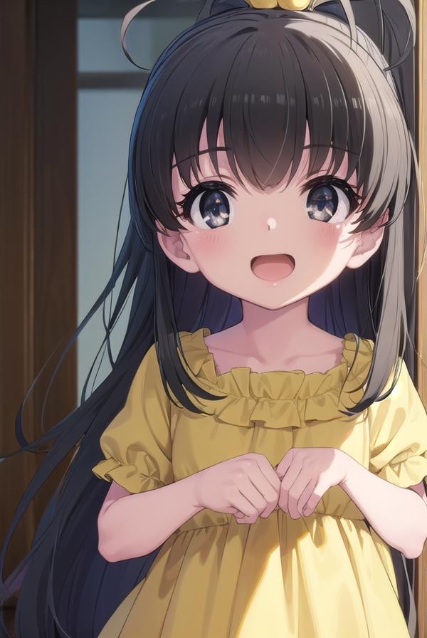 hinatakanashi, <lora:hina takanashi s1-lora-nochekaiser:1>,hina takanashi, long hair, black hair, (black eyes:1.3), ponytail, antenna hair, child, smile, open mouth,BREAK dress, yellow dress, short sleeves,BREAK indoors,BREAK looking at viewer, (cowboy shot:1.5),BREAK <lyco:GoodHands-beta2:1>, (masterpiece:1.2), best quality, high resolution, unity 8k wallpaper, (illustration:0.8), (beautiful detailed eyes:1.6), extremely detailed face, perfect lighting, extremely detailed CG, (perfect hands, perfect anatomy), 