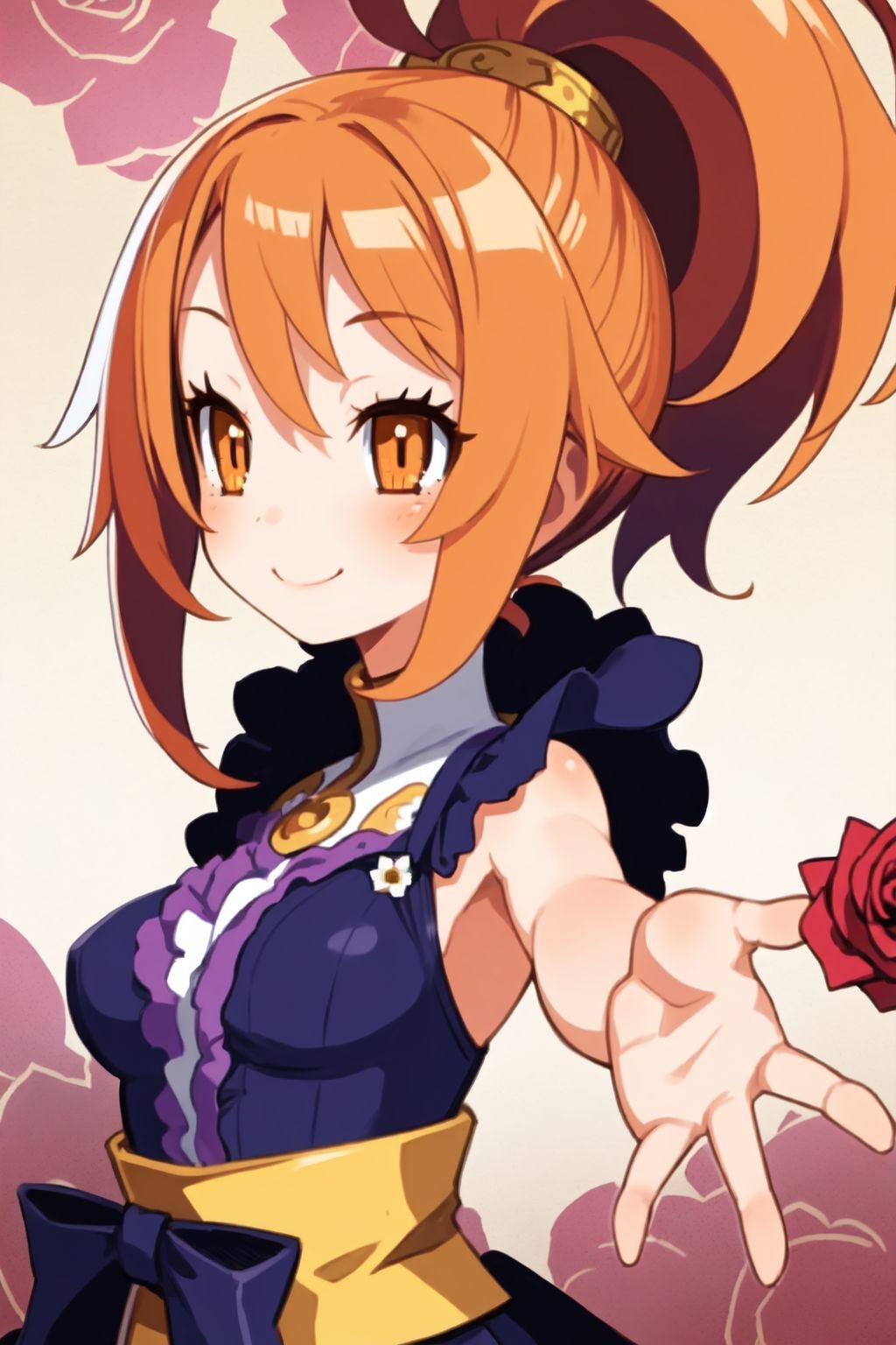 solo, 1girl, outstretched arm, smile, blush, medium breasts, orange hair, ponytail, golden eyes, beautiful detailed face, ultra detailed eyes, purple sash, bright, Rose_Royalty \\(flower\\), floral background <lora:harada_takehito_Disgaea_style_v01:1>