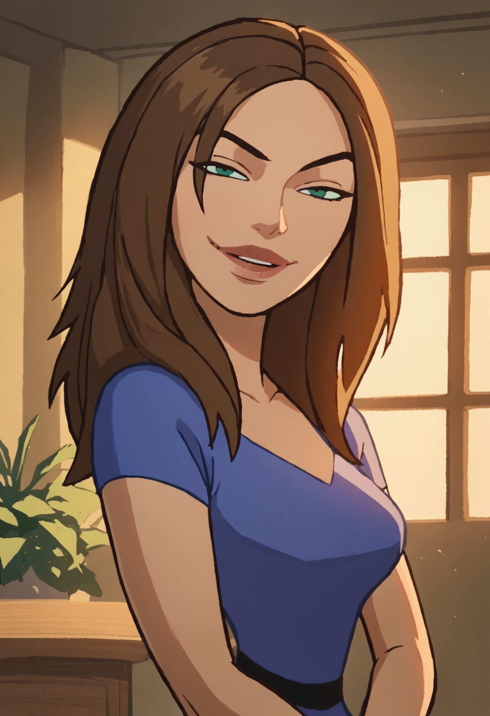 bonnie, 1girl, brown hair, solo, , long hair, green eyes, smile, dress, light smile,indoors, looking at viewer,lips,  <lora:BonniePony1.0:1.0>, score_9, score_8_up, score_7_up, score_6_up, score_5_up, score_4_up 