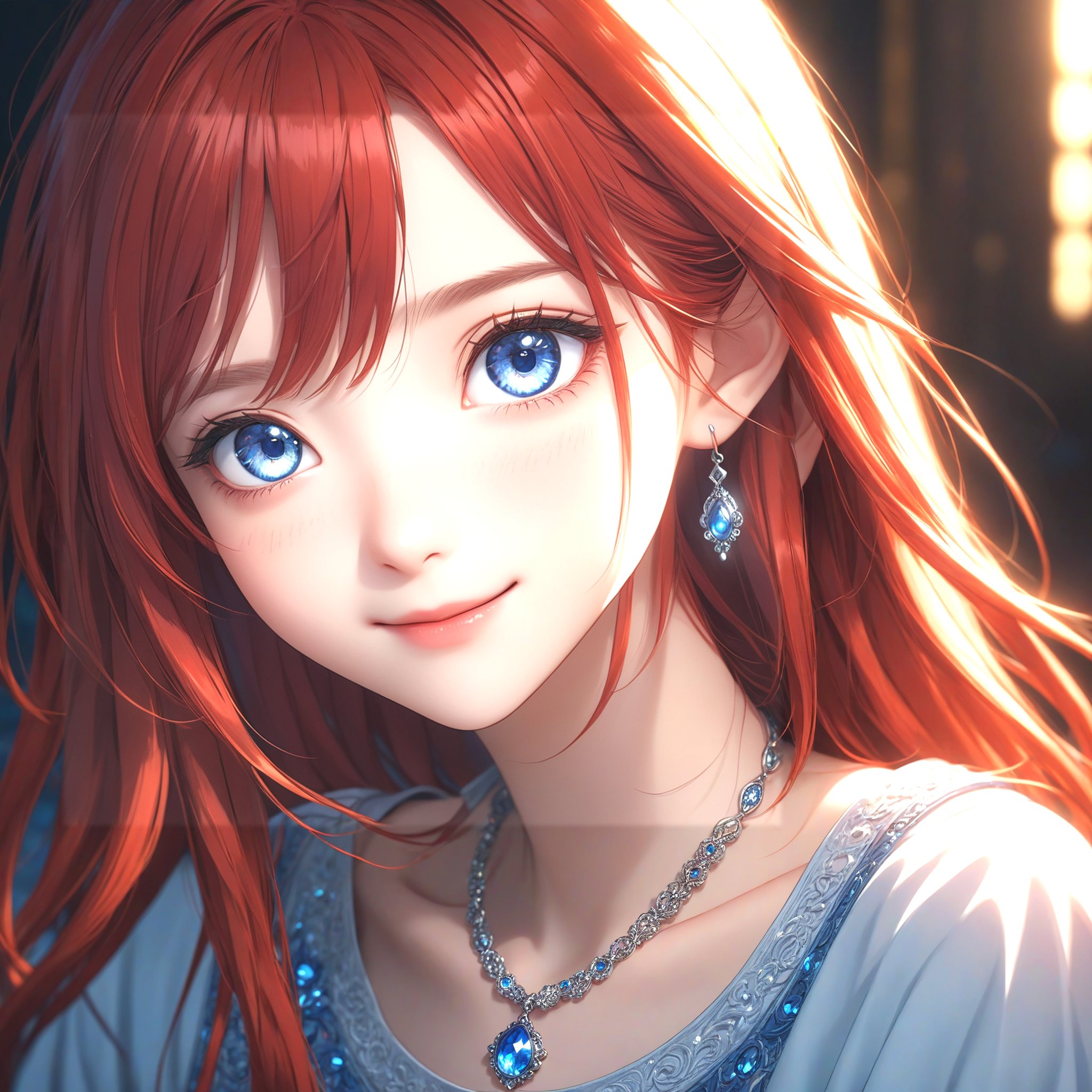 a close up from 1 beautiful and cute girl, extreme close-up, detailed blue-silver eyes, long red hair,  beautiful dainty necklace,  shy smile,  (masterpiece:1.2), (best quality:1.2), newest, ai-generated, ultra-detailed, best shadow, detailed background, high contrast, (best illumination, an extremely delicate and beautiful), ((cinematic light)), hyper detail, dramatic light, intricate details, 8k, anime, very aesthetic, vibrant color,