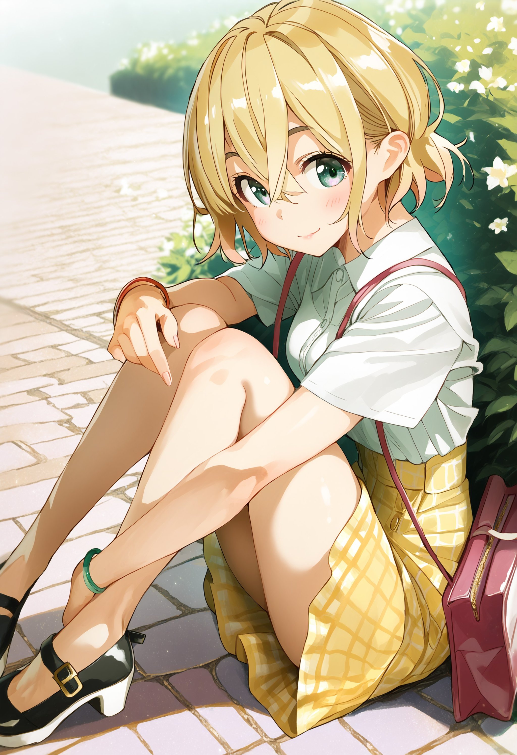 score_9, score_8_up, score_7_up, score_6_up,by miyajima reiji, nanami mami, 1girl, solo, smile, short hair, blonde hair, looking at viewer, bag, shirt, hair between eyes, full body, blush, short sleeves, bracelet, jewelry, closed mouth, yellow skirt, handbag, skirt, white shirt, green eyes, shorts, plaid, sitting, knees up, mary janes,outdoors,from side, from above, close-up,masterpiece, best quality<lora:kanojookarisimasu_v10:1>