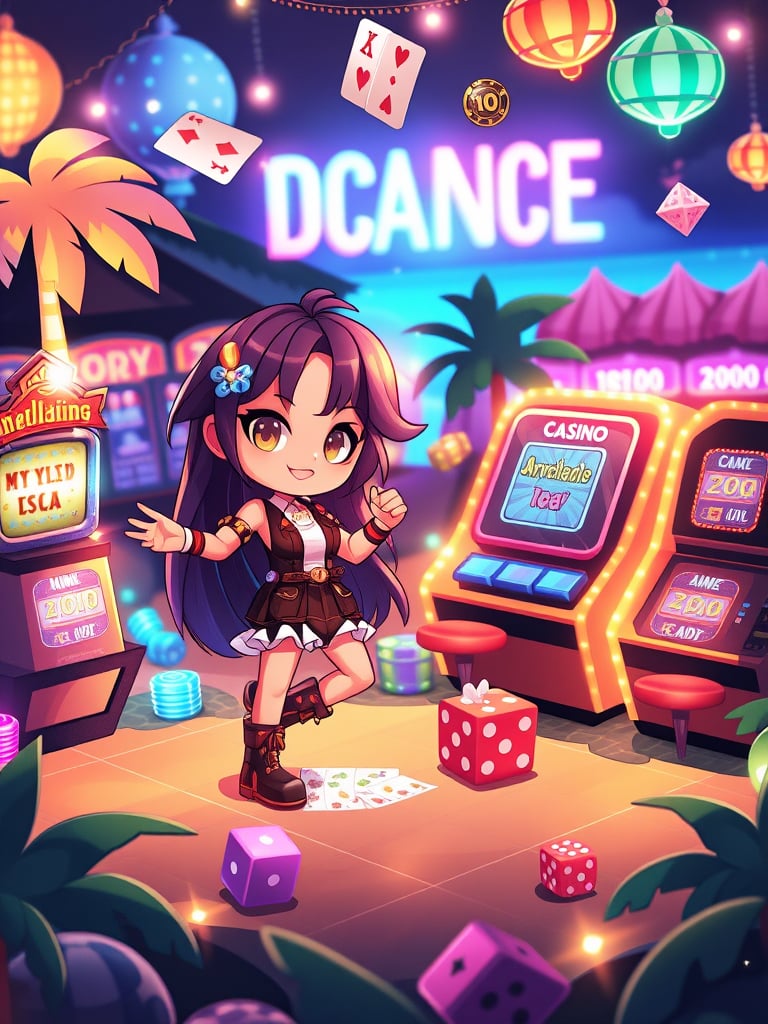 style_mix,  Chibi-style characters exploring a magical, tropical casino, with bright lights, palm trees, and glowing slot machines. The setting mixes fantasy with gaming, featuring floating playing cards, sparkling gems, and enchanted dice. , <lora:album_cover:1>