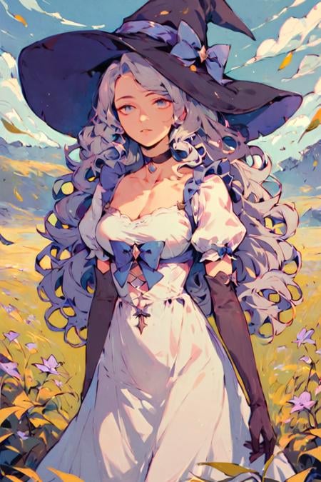 score_9, score_8_up, score_7_up, 1girl, witch hat, hat, solo, long hair, flower, dress, choker, puffy sleeves, looking at viewer, grass, white dress, bow, hat bow, white hair, black choker, plant, outdoors, blue eyes, purple eyes, black headwear, bangs, long sleeves, gloves, witch, blue bow, wavy hair, short sleeves, puffy short sleeves, elbow gloves, black gloves, standing, field, grey hair, sky, purple bow, breasts, curly hair, parted lips, expressionless, cowboy shot, closed mouth, leaf <lora:Rainbow Style SDXL_LoRA_Pony Diffusion V6 XL:1>