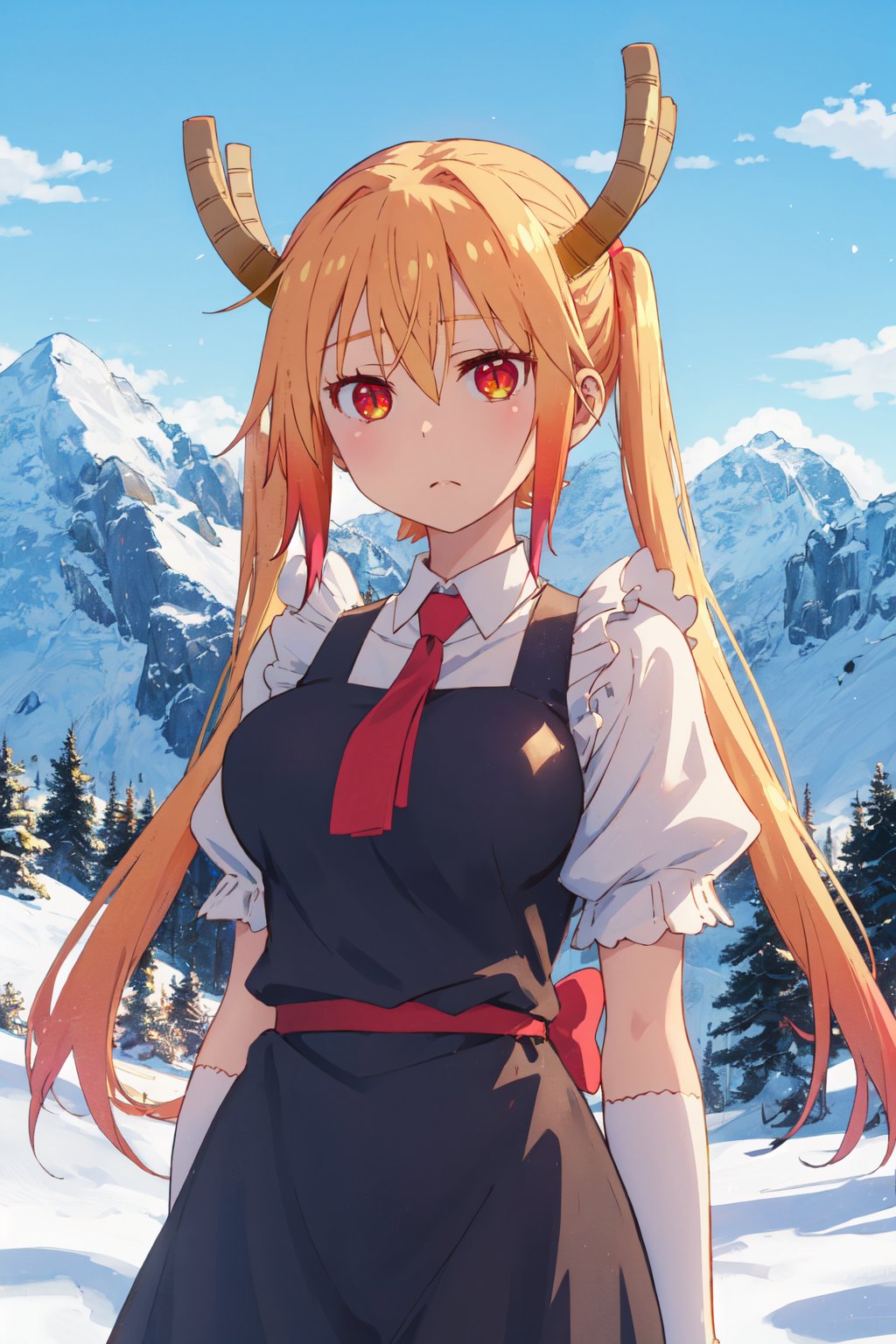 <lora:Tooru-000009:0.8>,Tooru CYQL,1girl,looking at viewer,solo,dragon girl,blonde hair,long hair,twintails,multicolored hair,gradient hair,hair between eyes,dragon horns,slit pupils,red eyes,breasts,large breasts,dragon tail,large tail,necktie,maid,shirt,short sleeves,gloves,dress,white gloves,white shirt,puffy sleeves,puffy short sleeves,elbow gloves,collared shirt,frills,expressionless,upper_body,Majestic snow-capped mountains pierce the clouds, their snow-covered peaks shimmering in the sunlight. At their base, glaciers inch forward, carving out profound valleys,beautiful detailed sky,beautiful detailed glow,posing in front of a colorful and dynamic background,masterpiece,best quality,beautiful and aesthetic,contrapposto,female focus,wallpaper,