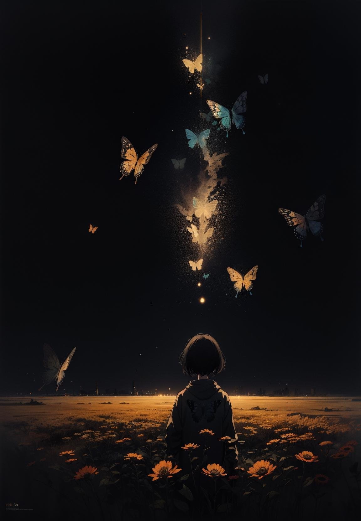 anime, abstract art, (style of Yuko Shimizu:1.3), (dark theme:1.1), dark Gray theme, butterflies, dark stars, 1girl, field of Salmon flowers