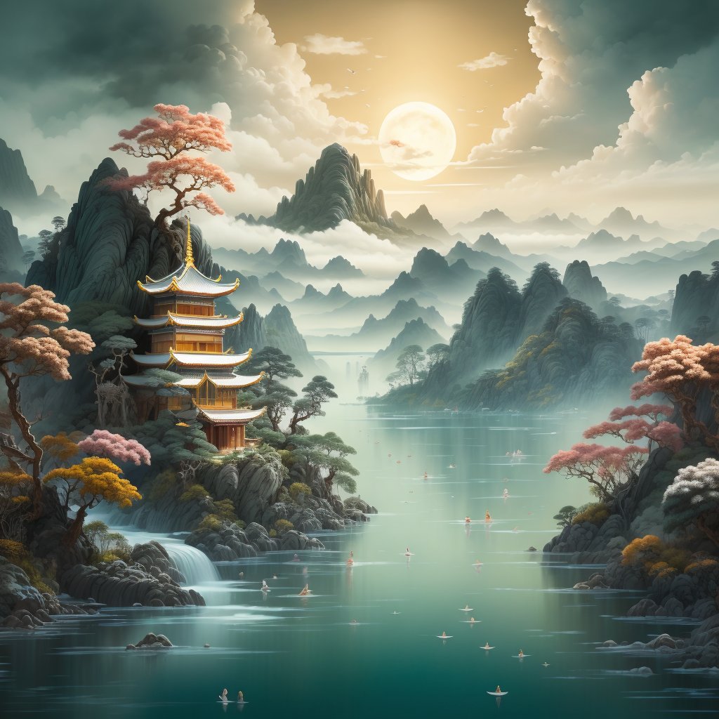 (best quality), (masterpiece), (ultra-detailed), illustration, 8k wallpaper, best illustration, (extremely detailed CG unity 8k wallpaper), huge filesize,mountain,watercraft, scenery, east asian architecture, architecture,no humans, tree, bird,outdoors, cloud, sky, moon,landscape, nature, waterfall, water,floating island, nature, island, bridge, architecture,<lora:landscape-000020:0.9>