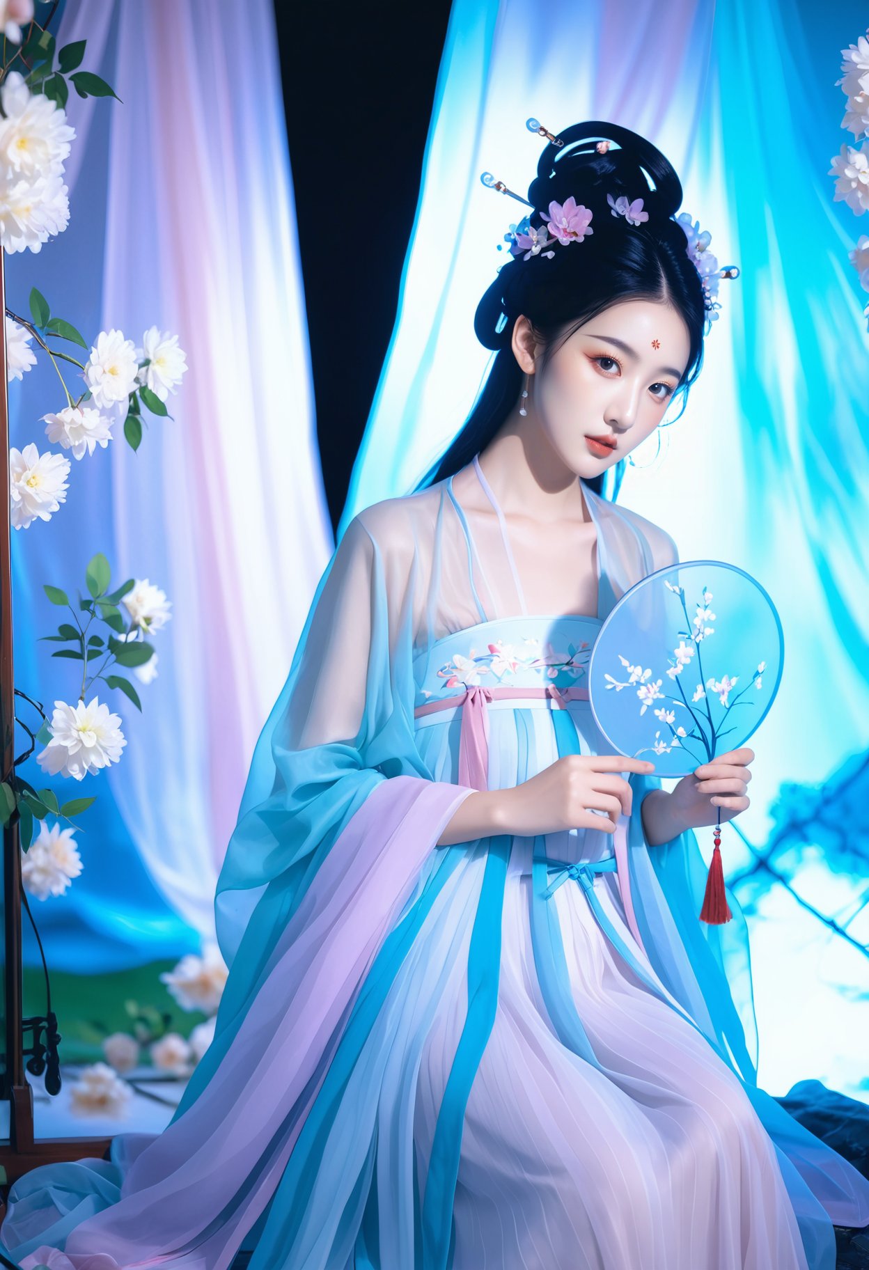 photograph Photograph, ethereal Chinese woman in traditional Hanfu, delicate pastel colors, intricate floral hairpiece, serene expression, holding a fan, surrounded by flowing translucent fabrics, soft lighting, floral backdrop, elegant and graceful ambiance, ancient dynasty aesthetic, refined and tranquil atmosphere., 50mm . cinematic 4k epic detailed 4k epic detailed photograph shot on kodak detailed cinematic hbo dark moody, 35mm photo, grainy, vignette, vintage, Kodachrome, Lomography, stained, highly detailed, found footage