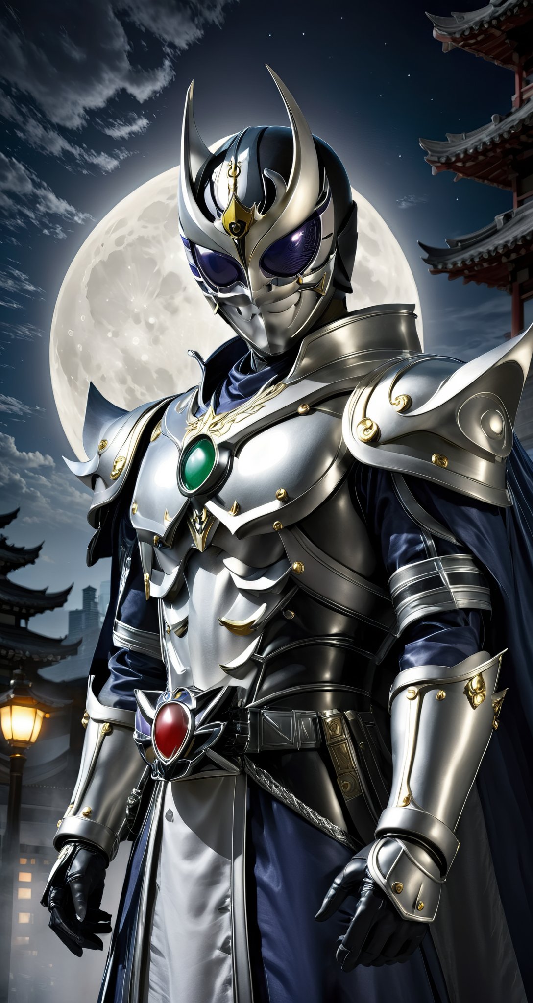 Kamen rider style, the mask guardian under the moonlight, wearing a moonlit war robe and a silver mask, quietly guarding the peace of the city. His figure looms in the night, and every appearance is accompanied by the light of justice, dispelling the darkness and guarding the light.