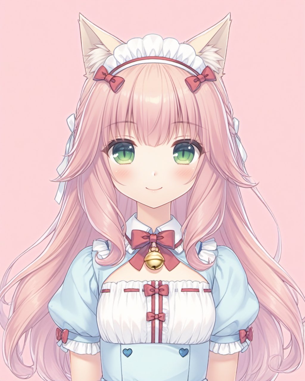 <lora:SDXL-Nekopara-Base-Lora-000002:0.75>,nekopara, Fraise_\(nekopara\), Nekopara_Fraise, 1girl, animal_ears, pink_hair, green_eyes, solo, maid_headdress, cat_ears, long_hair, maid, bell, smile, looking_at_viewer, jingle_bell, pink_background, upper_body, arms_behind_back, bow, blush, short_sleeves, character_name, puffy_sleeves, heart, simple_background, apron, puffy_short_sleeves, small_breasts, neck_bell, ribbon_trim