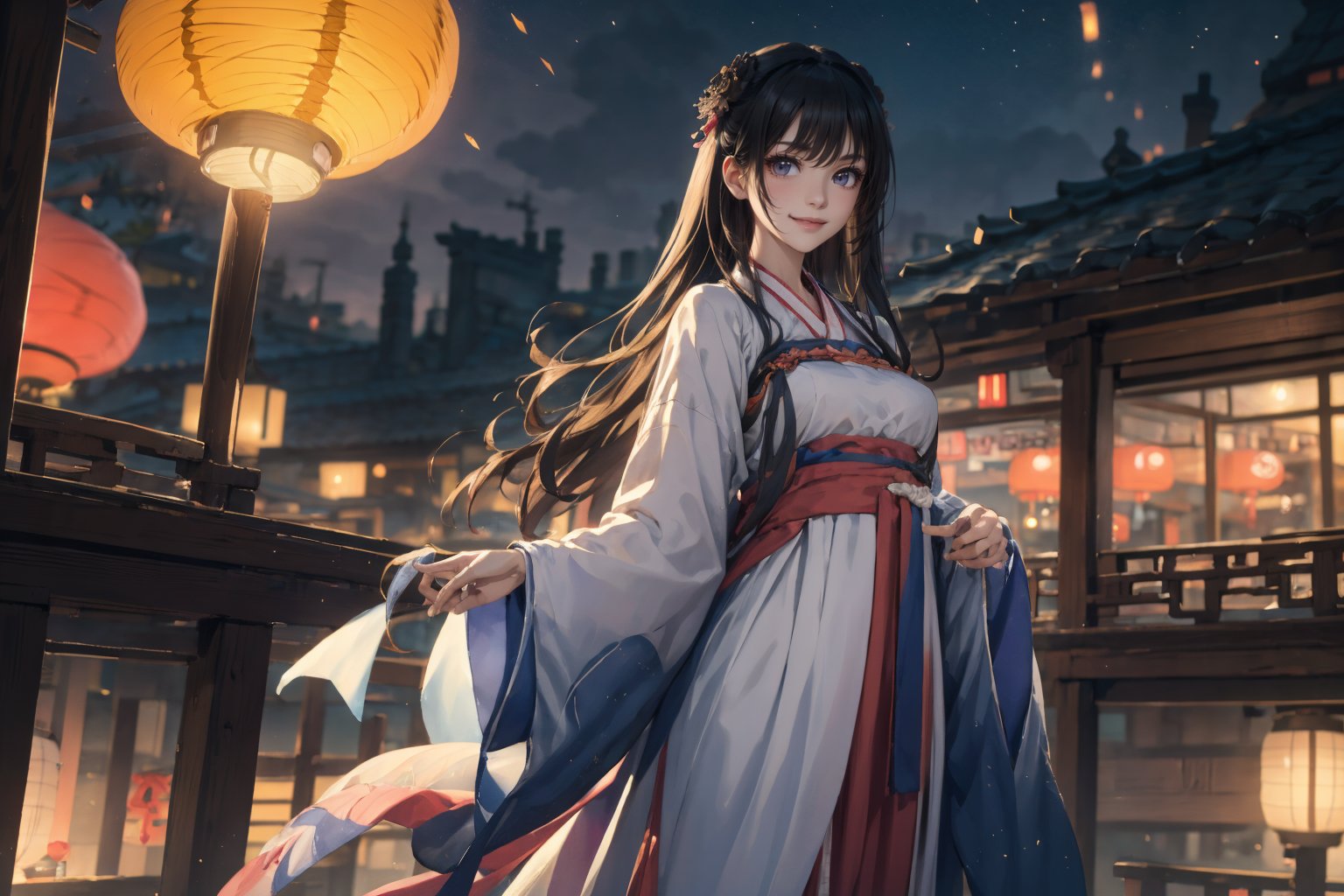 Cinematic Lighting,((night)),panorama,dynamic_angle,((new year)),((lantern festival)),fantasy,realistic,reality,smile,facing viewer,cinematic_angle,masterpiece,best quality,highly detailed,Amazing,finely detail,extremely detailed CG unity 8k wallpaper,score:>=60,gufenghanfu,1girl,looking at viewer,white dress,hanfu,long sleeves,wide sleeves,standing,large breasts,