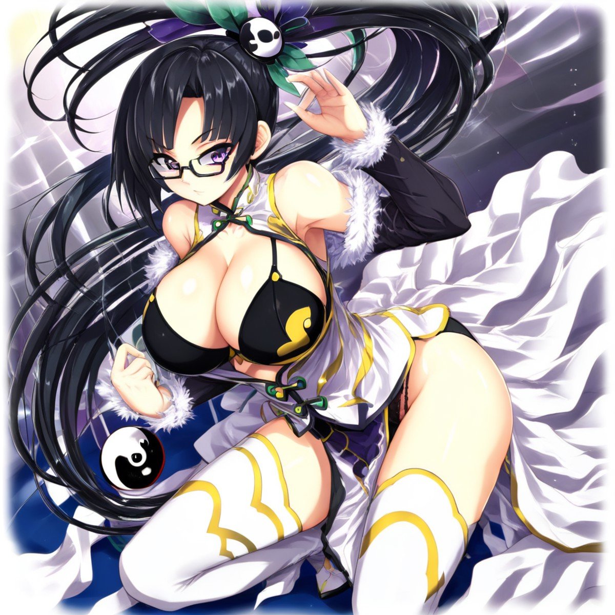 1girl, large breast, Purple eyes, glasses, black hair, side ponytail, extremely long ponytail, hair ornament, panda bow, yin-yang hair ornament, Chinese clothes, white dress, fur trim, gold trimming, long black sleeves, bare shoulders, open chest, unbuttoned chest, black bra, black panties, white thighhighs, white heeled boots,