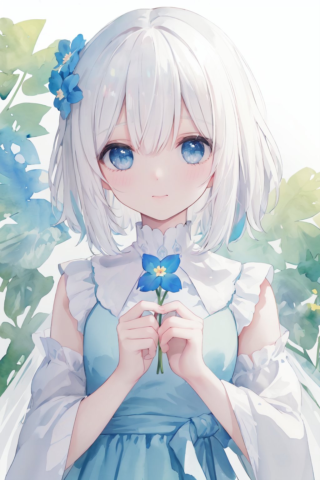 (((masterpiece))), ((highest quality 16k)), (ephemeral:1.3), ((detailed and delicate)), ((fantastic background)), ((long white hair)), holding a small blue flower, look down, ,WATERCOLOR,kawaiitech, pastel colors, kawaii, cute colors, Forget-me-not