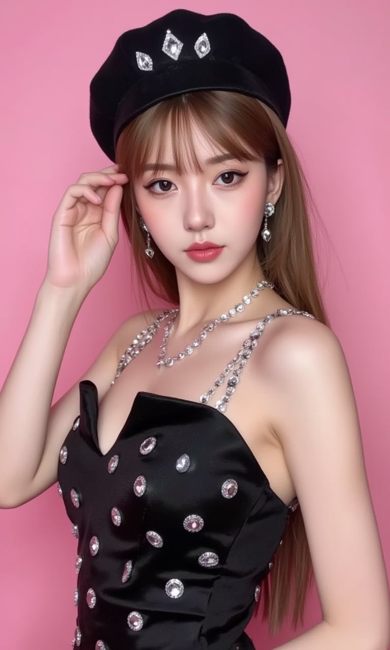 This is a clear and stylish image. The person in the picture is a young woman wearing a black dress decorated with many shiny diamonds. She also wears a black beret with diamond decorations. Her hair falls over her shoulders, and she is touching her hair with her right hand. The background is pink.