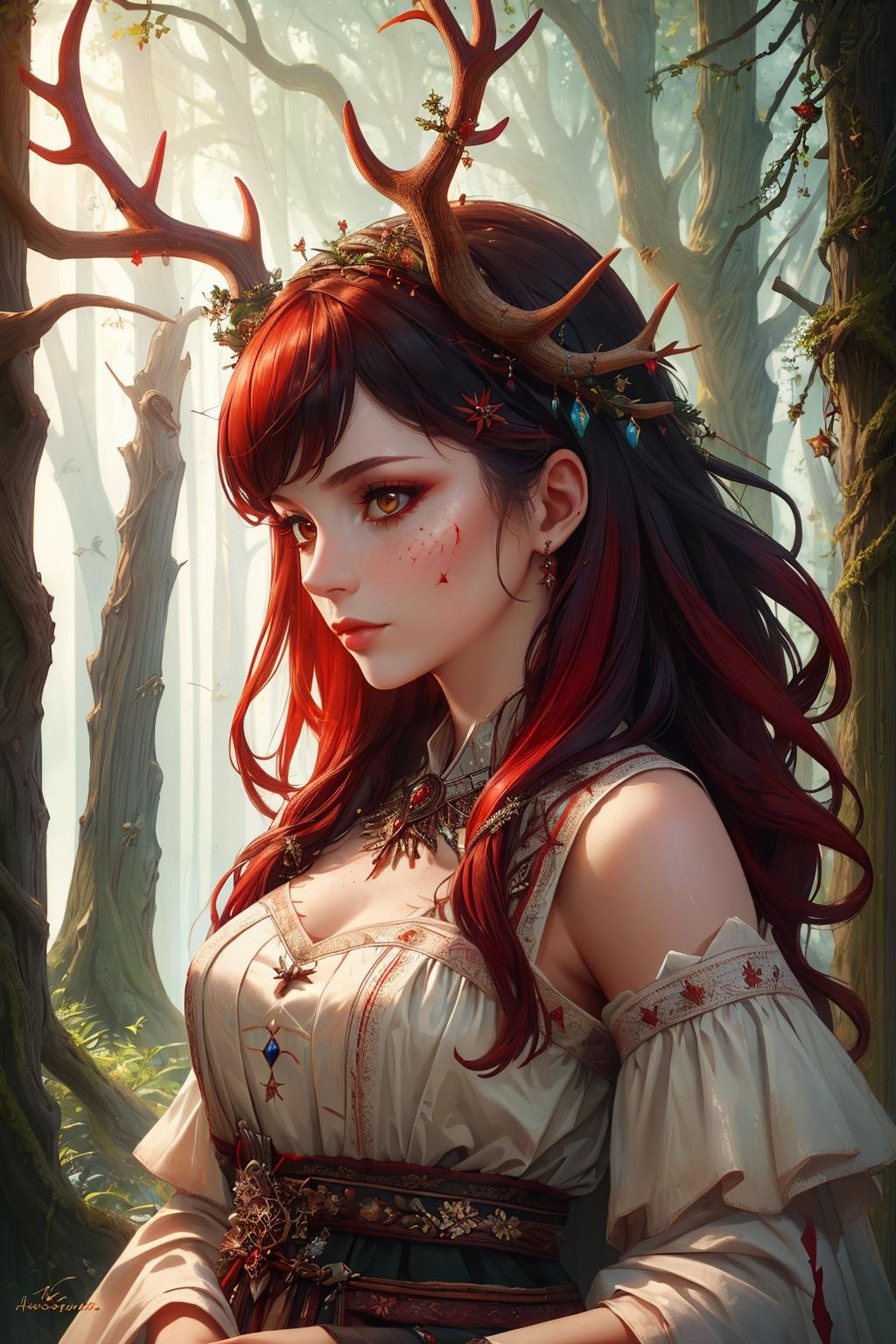 ((Masterpiece, best quality,edgQuality)),edgAntlers, a woman in a dress,dressed in wooden antlers <lora:edgReindeerTeamAntlers:0.8>