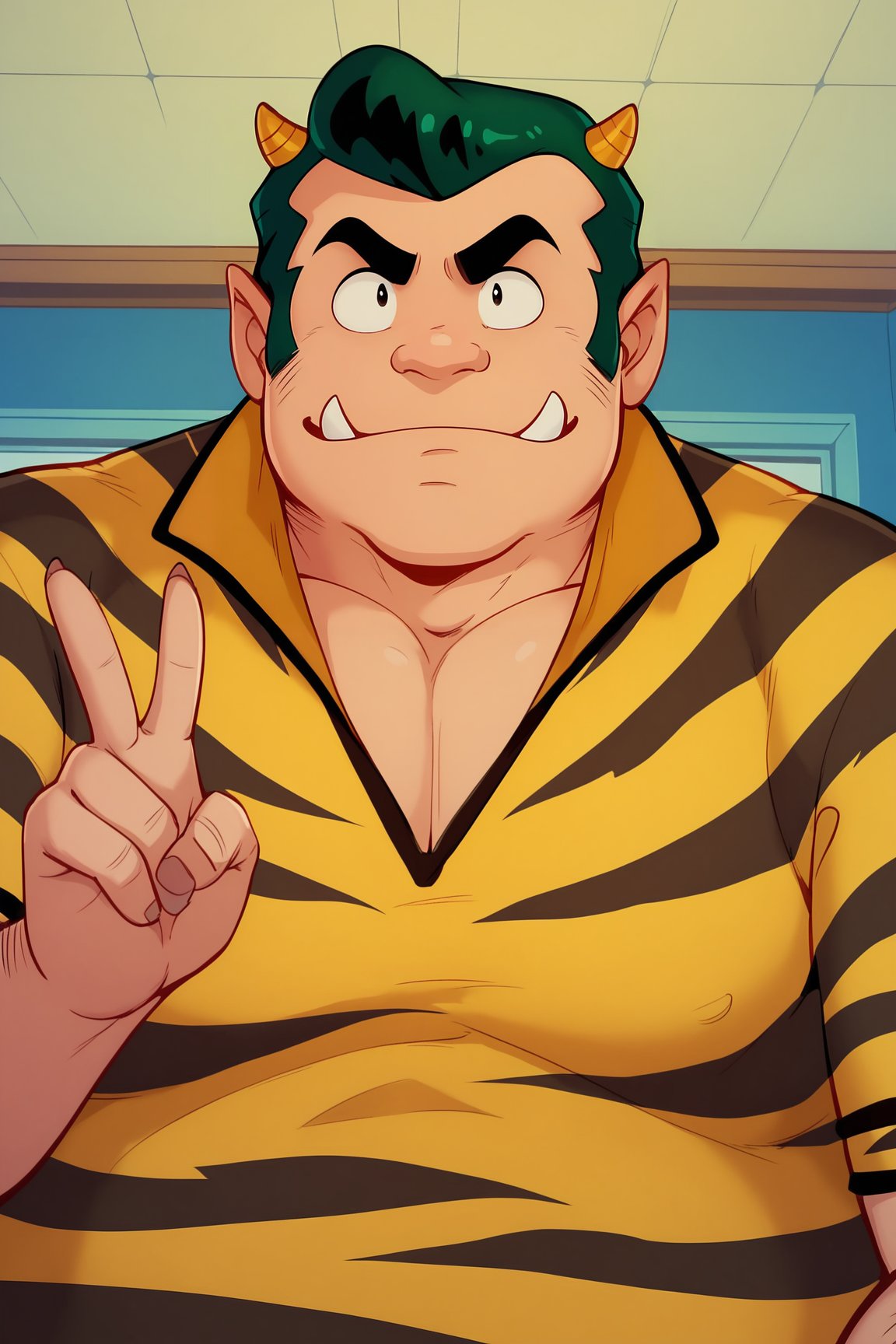 score_9, score_8_up, score_7_up, score_6_up, BREAK, LumFatherUYXL, thick eyebrows, black eyes, green hair, short hair, sideburns, yellow horns, oni horns, pointy ears, fangs, muscular male, fat, tiger print, yellow bodysuit, short sleeves, solo, front view, peace sign, (portrait, upper body), solo focus, seductive smile, looking at viewer, indoors <lora:LumFatherUYXL:1>