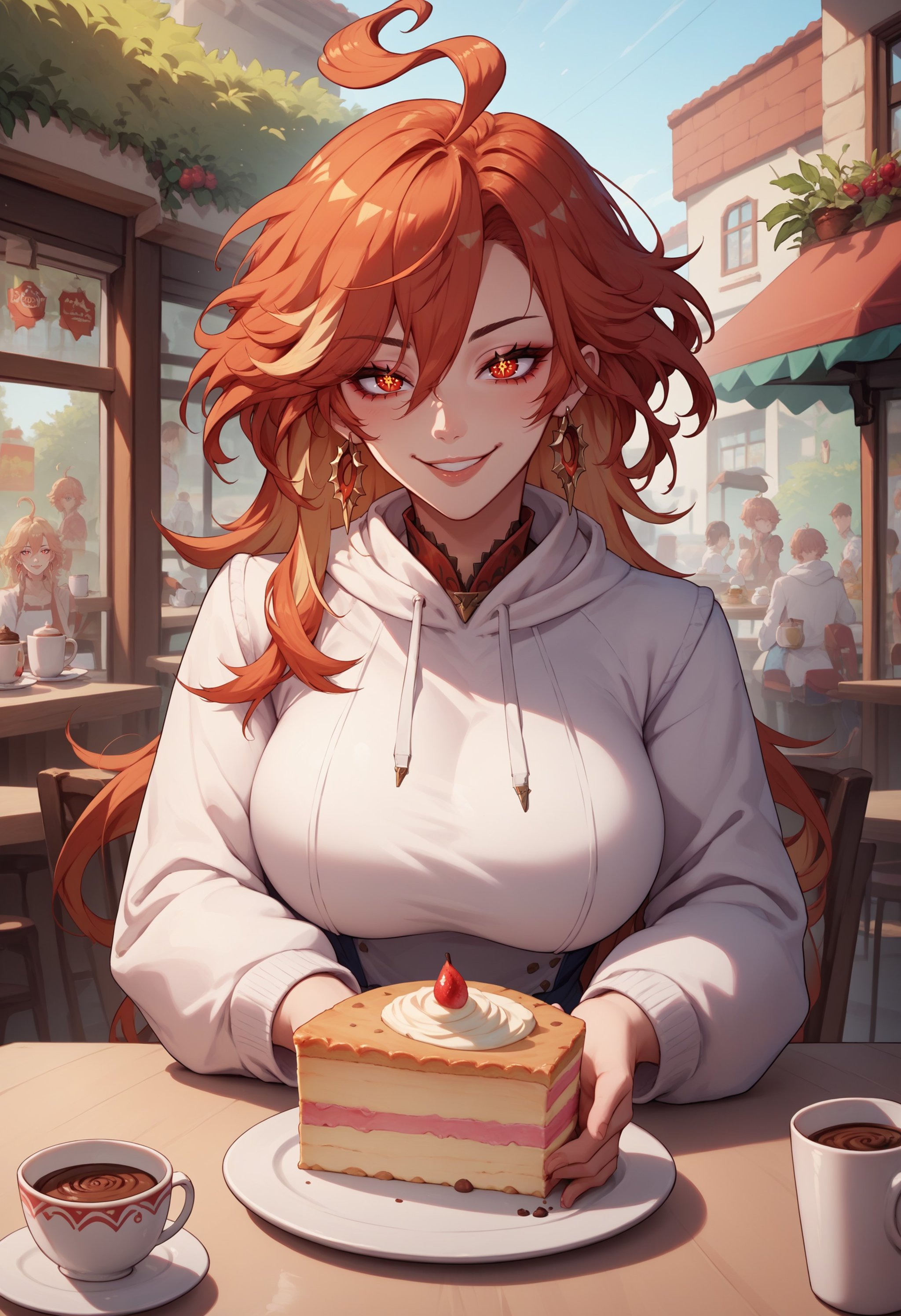 score_9, score_8_up, score_7_up, mavuika, symbol-shaped pupils, ahoge, red eyes, large breasts, earrings,  <lora:Mavuika_pdxl_Incrs_v1:1>, white hoodie, upper body, pov across table, food, seductive smile, coffee, cafe, outdoors, cake, 