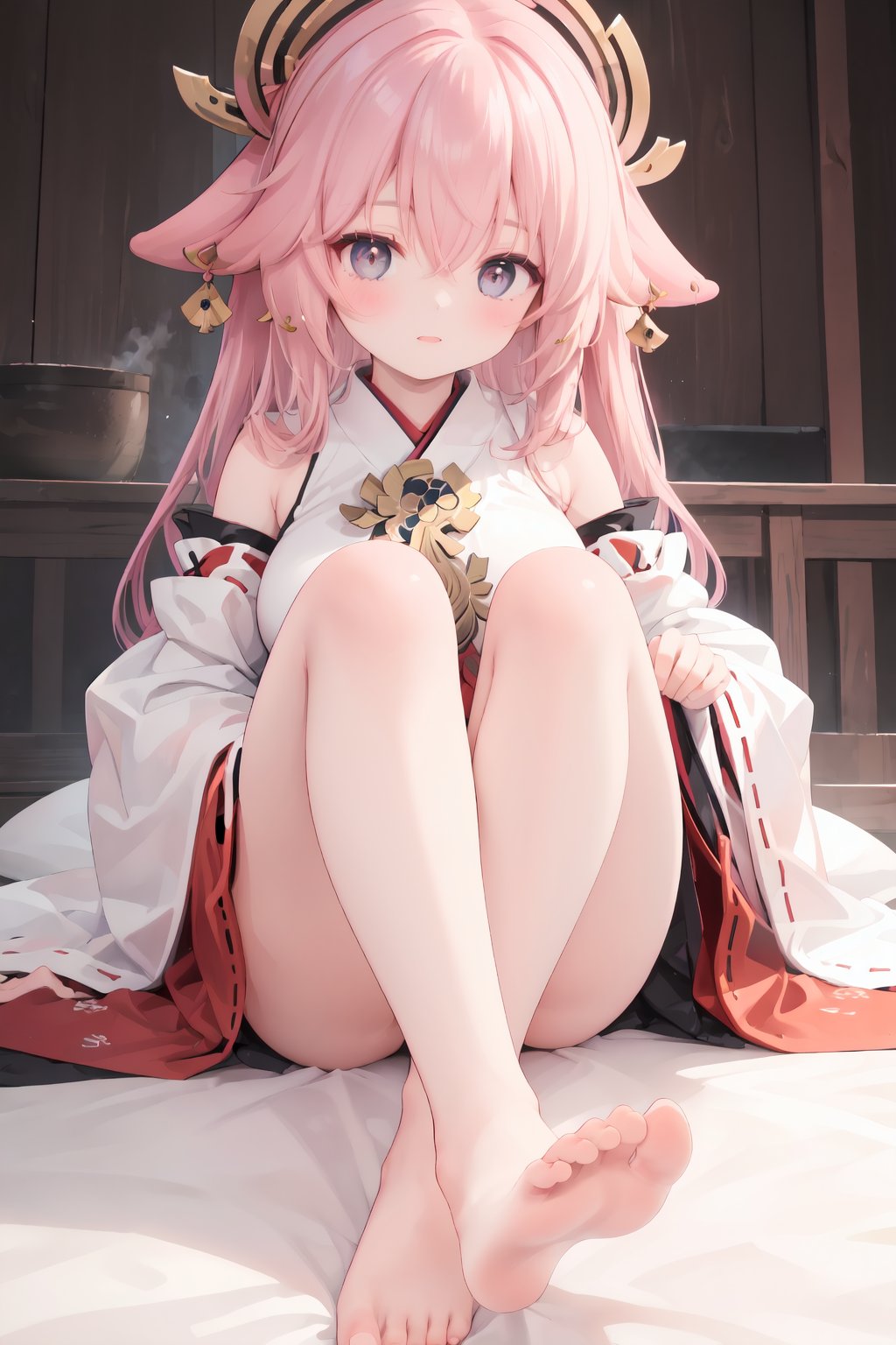 1girl,foot focus,feet,solo,barefoot,yae miko,toes,pink hair,soles,close-up,foreshortening,long hair,legs,breasts,japanese clothes,bare legs,head out of frame,sitting,toenails,detached sleeves,