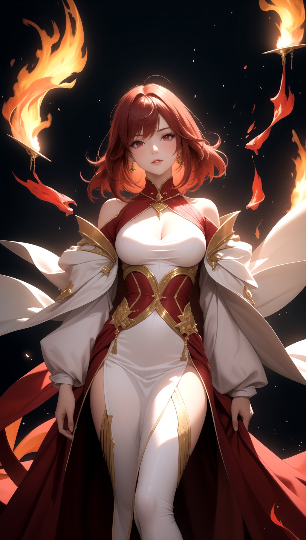 (masterpiece, best quality), 1girl, red hair, red eyes, fantasy, flames, burning, Sorceress-inspired high-collar gowns with shimmering fabrics, magic, light particle, messy hair,