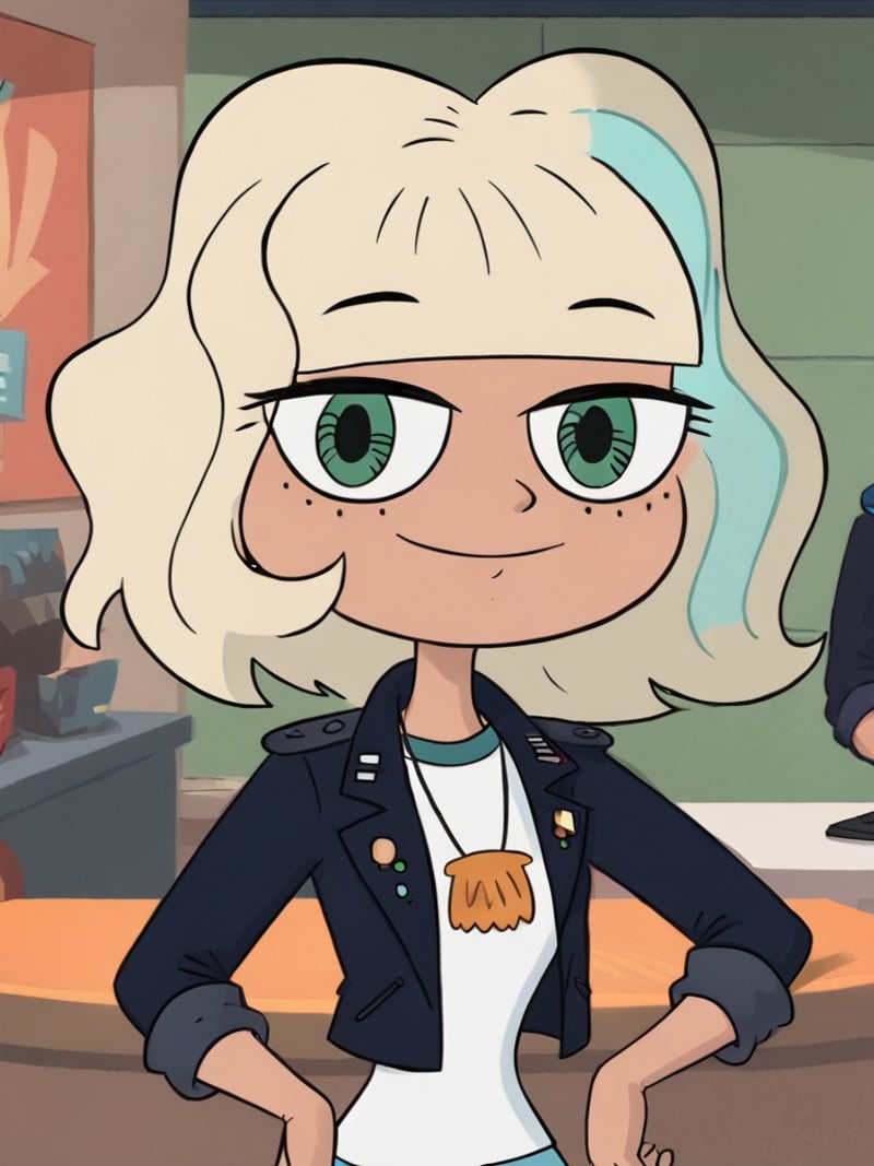 <lora:JackieLPony1.0:1.0> jackiel, blonde hair, 1girl, green eyes, solo, multicolored hair, short hair, shirt, shell necklace, bangs, long sleeves, blue shorts,smile,upper body,standing, jacket,looking at viewer, score_9,<lora:Smooth Anime Style LoRA XL:1> toon \(style\), 