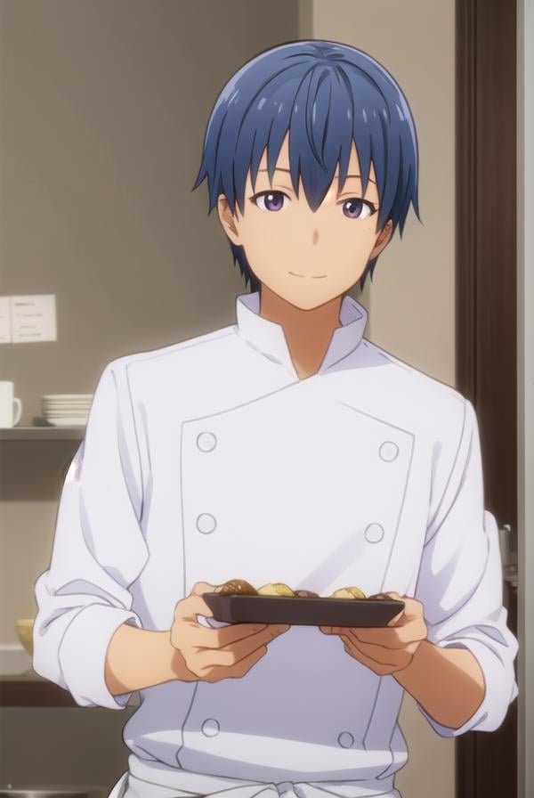 hiroomisouma, <lora:hiroomi souma s2-lora-nochekaiser:1>,hiroomi souma, (brown eyes:1.3), blue hair, male focus, smile,BREAK apron, buttons, waist apron, white pants, chef,BREAK indoors, restaurant,BREAK looking at viewer, (cowboy shot:1.5),BREAK <lyco:GoodHands-beta2:1>, (masterpiece:1.2), best quality, high resolution, unity 8k wallpaper, (illustration:0.8), (beautiful detailed eyes:1.6), extremely detailed face, perfect lighting, extremely detailed CG, (perfect hands, perfect anatomy),