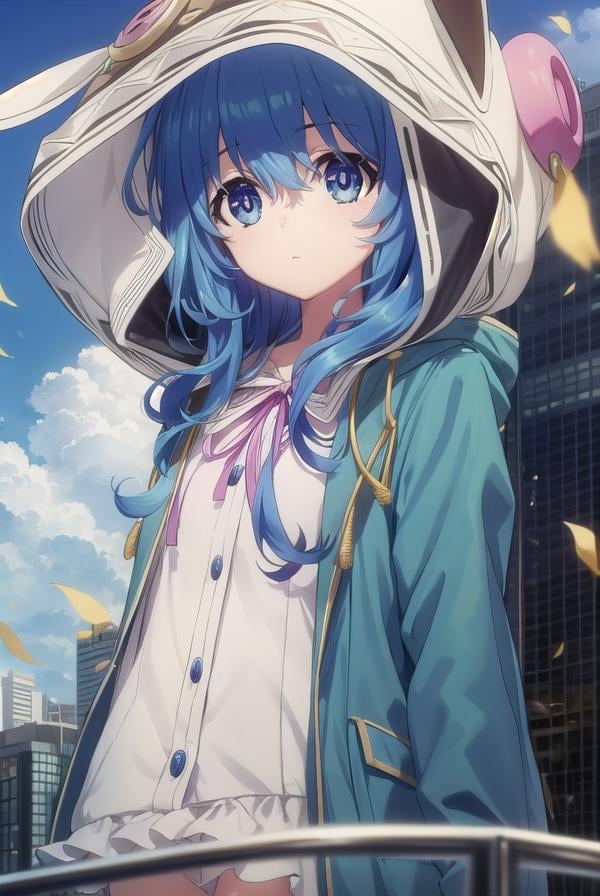 dalyoshino, <lora:dal yoshino s2-lora-nochekaiser:1>,yoshino astral dress, long hair, blue eyes, ribbon, animal ears, hair between eyes, blue hair, hood, rabbit ears, coat, hood up, animal hood, rabbit hood, green coat,BREAK ,BREAK outdoors, city, sky, clouds, buildings, sun,BREAK looking at viewer, (cowboy shot:1.5),BREAK <lyco:GoodHands-beta2:1>, (masterpiece:1.2), best quality, high resolution, unity 8k wallpaper, (illustration:0.8), (beautiful detailed eyes:1.6), extremely detailed face, perfect lighting, extremely detailed CG, (perfect hands, perfect anatomy),