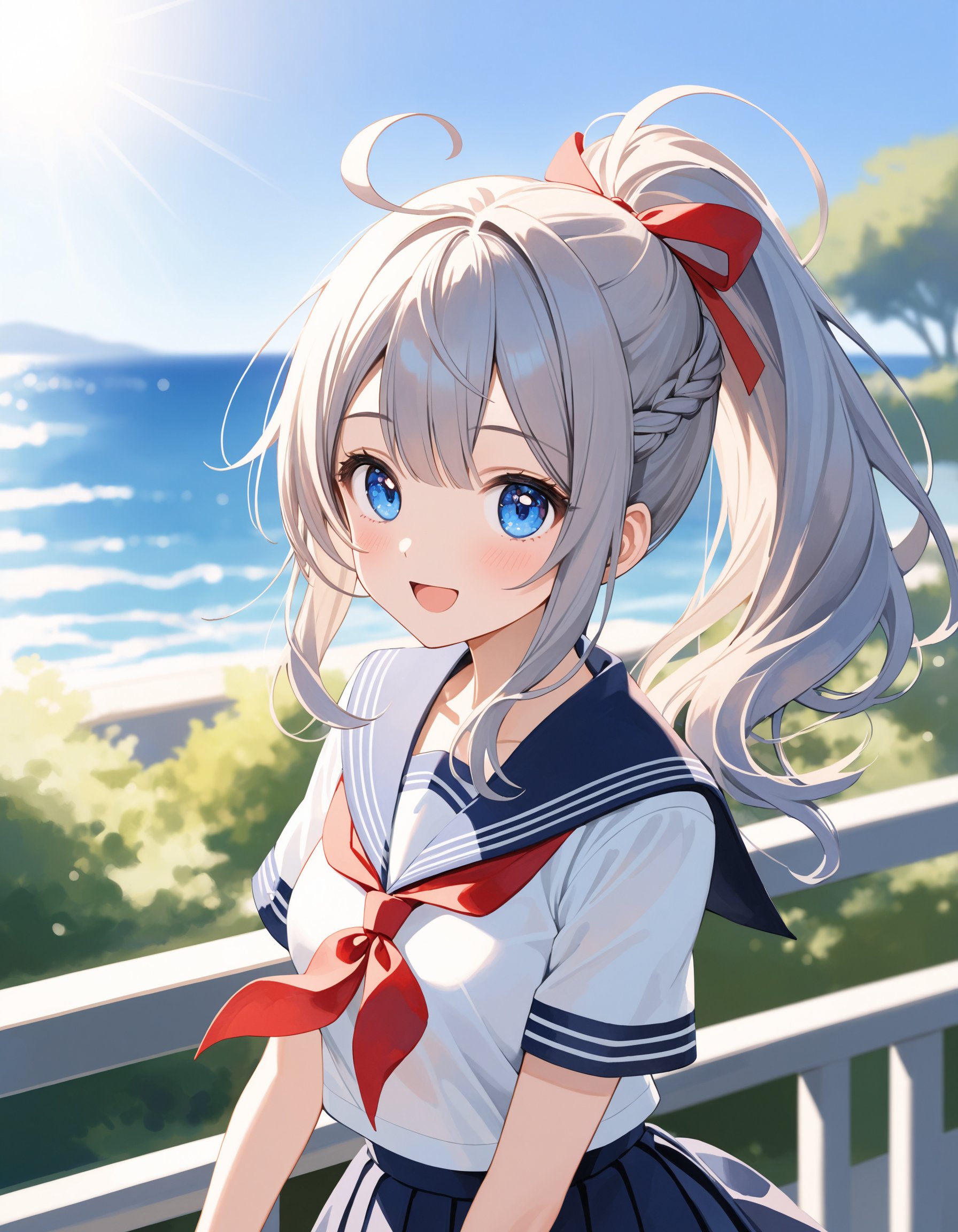 SceneDescription:   - Composition: Portrait. Shooting from front.   - Subject: A cute girl. (Chibi:0.45).     - Characteristics:       - Face: (Cute round face:1.1).       - Eyes: Detailed dark-blue eyes.       - Hair: Long wavy high (ponytail:1.2) with big ribbon hair ornament, (gray hair), (gray inner hair), left side french braid, ahoge and asymmetrical bangs.       - Body: Detailed slender body. Medium breasts.       - Clothing: School uniform. White sailor shirt, short sailor sleeves, navy sailor collar, red ribbon tie and navy pleated skirt.       - Expression: Amused expression. Open mouth.       - Posing: Stylish pose. Looking at viewer.   - Background: Fashionable ocean view park.     - Elements: Lush greenery. Blue sky. Lens flare. Season: Summer. Time: Daytime. Lighting: Sunbeam:1.4). ArtStyle: Watercolor. Traditional media. Blurry. Pale pastel colors. Quality: Intricate details. Extremely detailed. Outstanding intricacies. (Masterpiece:1.2). (Best quality:1.2). (Absurdres absolutely resolution:1.4). Mood: Serene atmosphere.