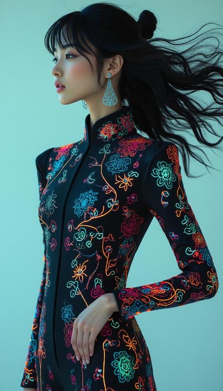 A glamorous model in a futuristic rendition of traditional Chinese qipao, designed with a sleek, form-fitting silhouette and futuristic metallic fabrics. The outfit features intricate embroidery in neon threads, glowing subtly as the light reflects off the surface. The model strikes an elegant, composed pose, with her minimalist surroundings emphasizing the sharp, modern lines of the garment. The fusion of ancient Chinese elegance and futuristic design creates a striking, harmonious balance of beauty, history, and innovation, hand up pose,(three quarter view:0), (from above:0.4), (dutch angle:0.4),cowboyshot,wind, floating hair, looking away, midjourney_whisper_avant_couture, <lora:midjourney_whisper_avant_couture_v01:1>,