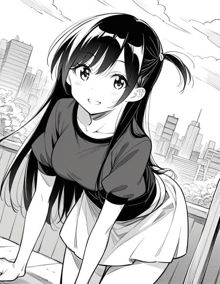 score_9, score_8_up, score_7_up, source_anime,chizuruichinose, <lora:chizuru-ichinose-manga-ponyxl-lora-nochekaiser:1>,chizuru ichinose, long hair, bangs, one side up, greyscale, monochrome,skirt, shirt, short sleeves, puffy sleeves, puffy short sleeves, white skirt,outdoors, cityscape, smile, bent over,looking at viewer, dutch angle, cowboy shot, solo,