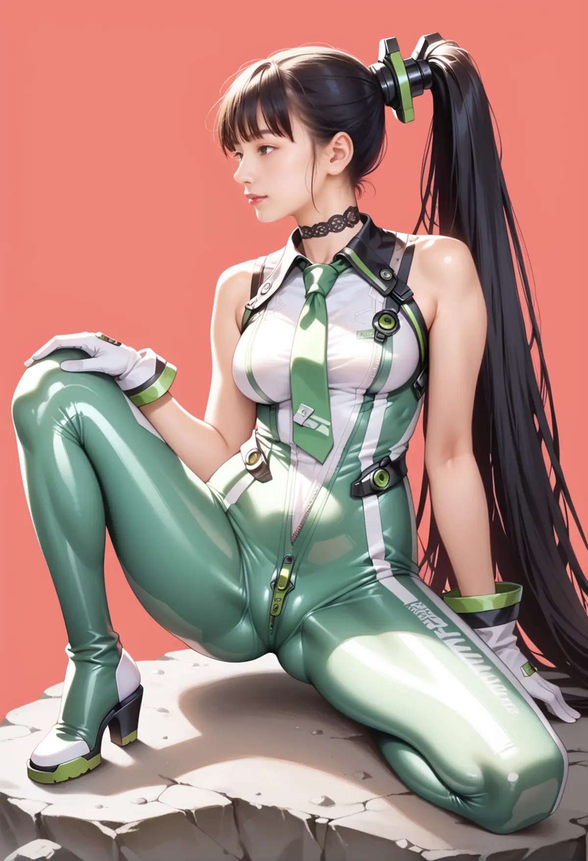 score_9,score_8_up,score_7_up,very long hair,black hair,1girl,solo,(red background),spread legs,full body,sitting on rock,,ruanyi0530,bare shoulders,android,black choker,bodysuit,zipper,green necktie,mechanical parts,sleeveless,white gloves,green necktie,see-through,green bodysuit,high ponytail,<lora:0515 Stellar Blade Battle Suit 3_v2_pony:1>