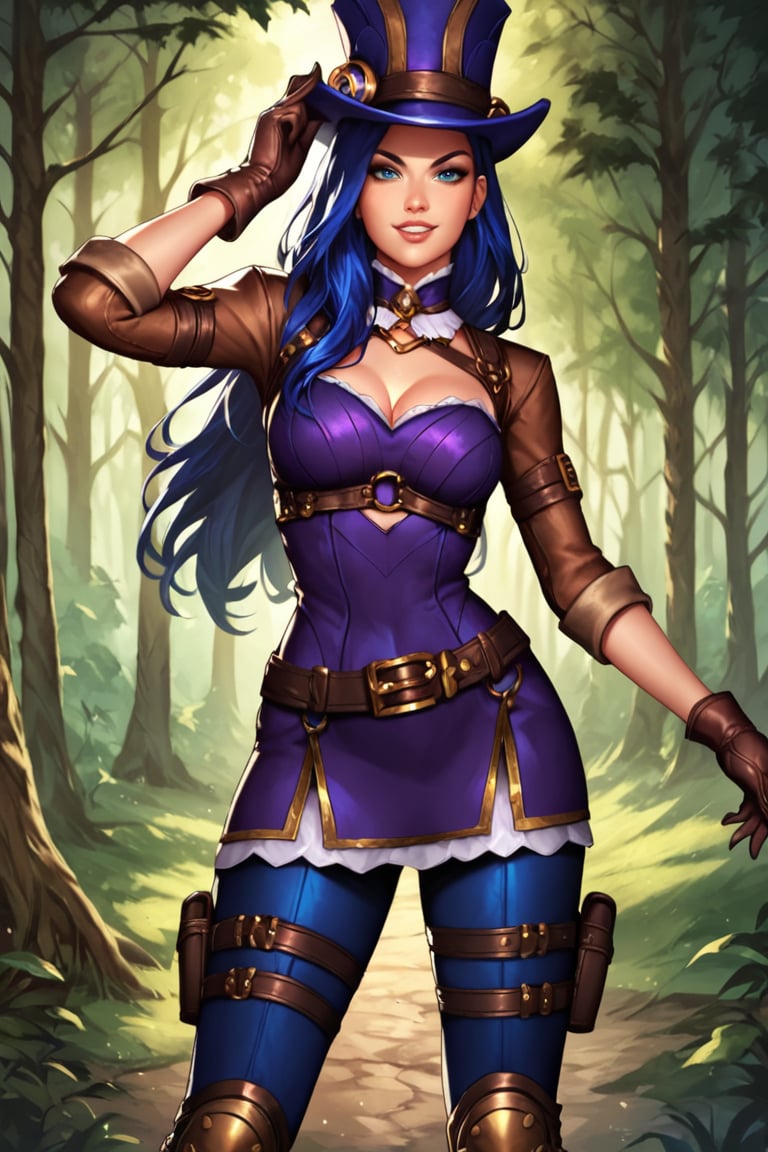 score_9, score_8_up, score_7_up, score_6_up, score_5_up, score_4_up, CaitlynLoLXL, blue eyes, blue hair, long hair, hat, hat ornament, medium breasts, purple dress, (brown medium sleeve:1.3), brown glove, harness, blue pants, belt, knee pad, high boots, standing, dynamic pose, seductive smile, looking at viewer, forest, tree <lora:CaitlynLoLXL:0.7>