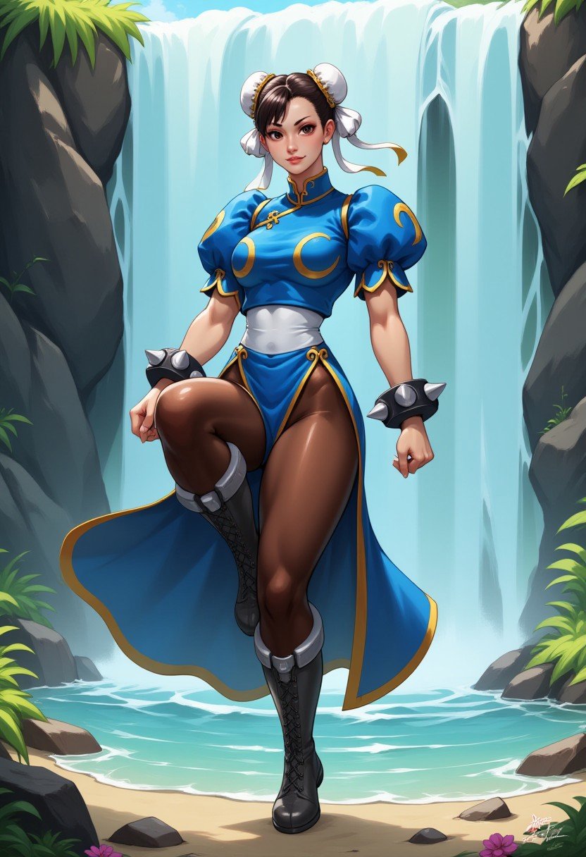 Chunli on one foot, leg up, classic blue dress, pelvic curtain, pantyhose, spiked bracelet, nature background, waterfall, defensive stance. kneehigh boots