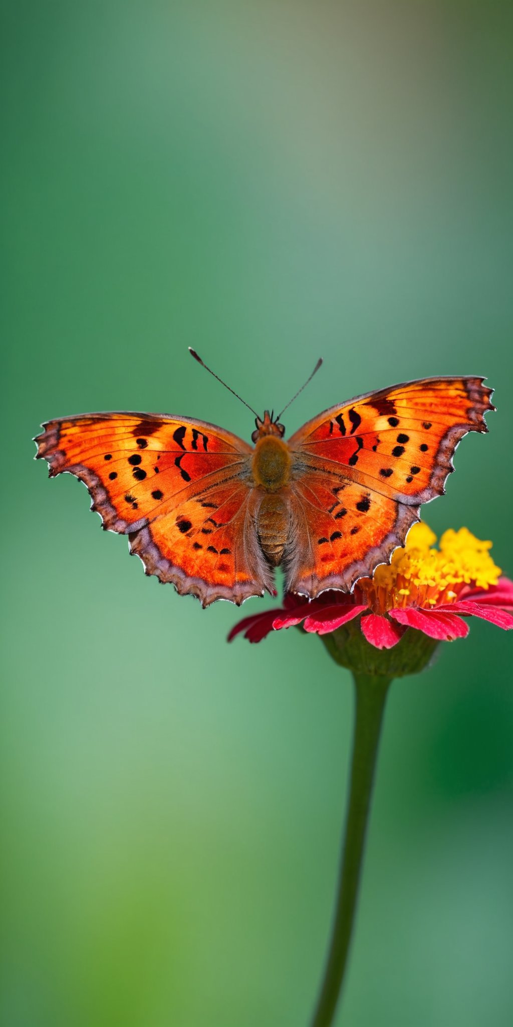 Polygonia C-Album Butterfly, perched on a vibrant flower, detailed, macro photography, natural lighting, Canon DSLR, high resolution, clear focus, vivid colors, minimalist background, soft bokeh, nature photography, 8K UHD,<lora:HMSG微距蝴蝶XL-000010:1>,