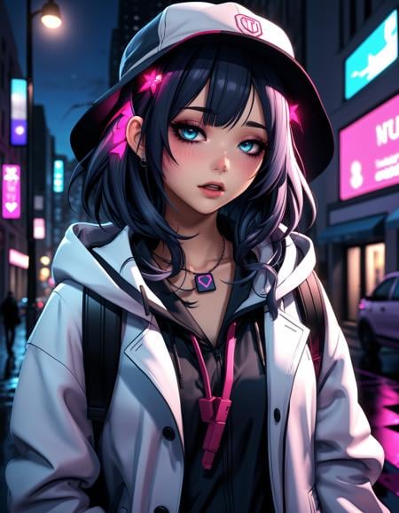 a failed vtuber working the streets, night district, hyperrealistic