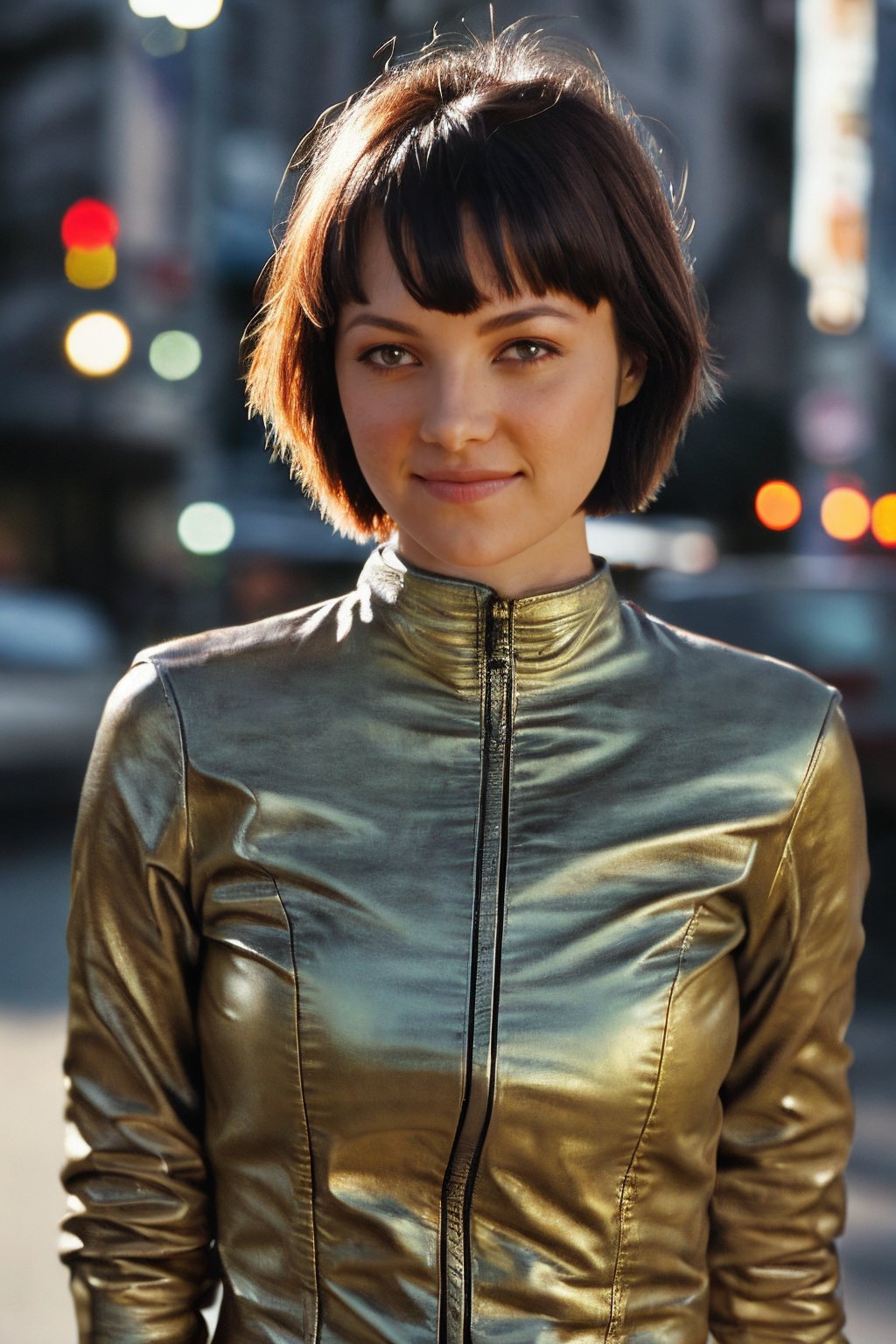 <lora:Belladonna_PS_Lora:0.85>, photo of b3ll4d0nn4, 1girl, smile, cowboy shot, posing, very short hair, vintage photo, leather jacket, Century Camera Co. Studio, 160mm f/8, 1/10s, ISO 25, film grain, on Broadway street, night, happy, epiCRealism, epiCPhoto 