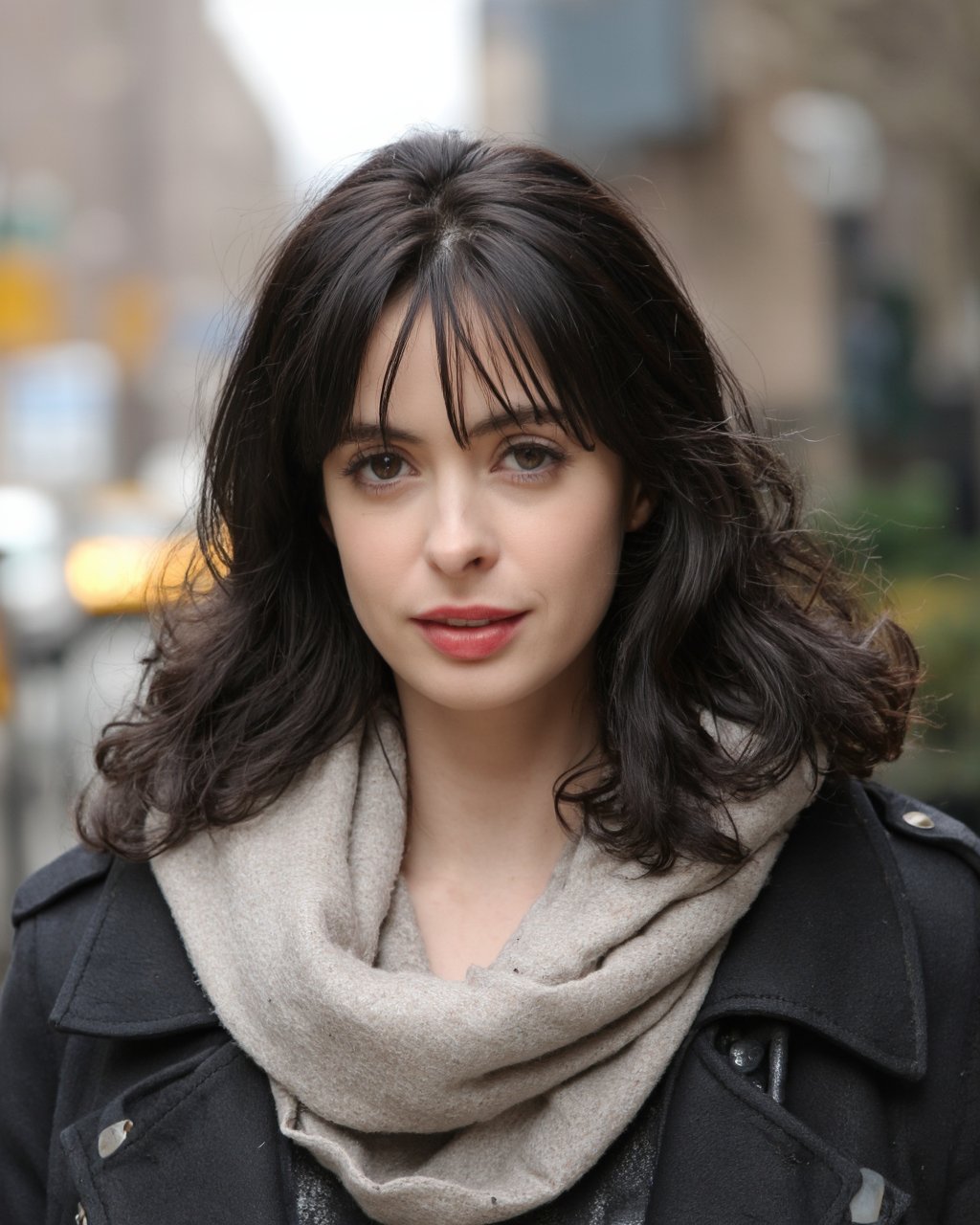 A portrait of krysten_ritter with curly, dark brown hair, captured in a candid moment. She wears a light beige scarf wrapped around her neck, and her gaze is directly at the camera with a neutral expression. The blurred background suggests an indoor setting with a bokeh effect, likely a city street or streetlight. The woman's makeup is subtle, emphasizing her eyes and lips. The image style is contemporary, emphasizing the subject's natural beauty and the interplay of light and shadow.