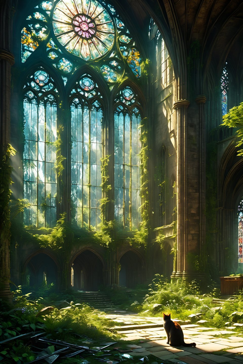 Masterpiece. Sunny summer day. Post-apocalyptic ruins. A shattered cathedral with overgrown foliage. Sunlight piercing through broken stained glass. Godrays. A silent atmosphere of the scene. One cat near the cathedral. Detailed art, many details, cinematic, ultra highly detailed, beautiful details, best quality <lora:xl_more_art-full_v1:0.6> <lora:More_interesting_backgrounds:0.6> IBG, RAW candid cinema, remarkable color, (ultra realistic), shot with cinematic camera