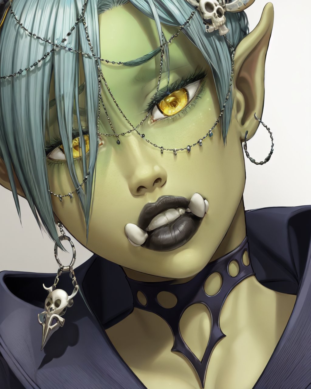 (majalis:1.2), 1girl, orc, urka, blue hair, (closeup:0.8), colored skin, earrings, eyelashes, fangs, jewelry, lips, skull hair ornament, solo, stitches, yellow eyes <lora:majalis_style_v2.1:0.7>