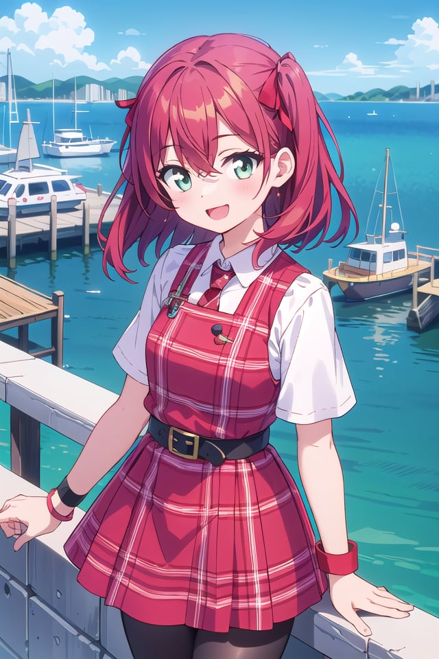 insanely detailed, absurdres, ultra-highres, ultra-detailed, best quality,1girl, solo, nice hands, perfect handsBREAK(nsfw:-1.5),(Enchant:1.4), (red theme:1.5), ((red plaid pattern, tone on tone):1.4), (idol uniform:1.2), (fusion of sleeveless (red plaid pattern) vest and red sundress:1.4), (red tie:1.4), ((red plaid pattern) multi-layered skirt with ruffles:1.3), ((red:1.3) platform HIGH boots:1.1), (red plaid pattern ribbon on head:1.3)BREAK(short sleeve white collared-shirt dress layering:1.2), (black pantyhose:1.2), (belt:1.3), (wristband:1.3), (naked skin:-1), (black vest:-1), (white vest:-1), (black skirt:-1), (white skirt:-1), (cleavage:-1.5)BREAKhappy smile, laugh, open mouth,from above,cute pose, cowboy shot, looking at viewerBREAKslender, kawaii, perfect symmetrical face, ultra cute girl, ultra cute face, ultra detailed eyes, ultra detailed hair, ultra cute, ultra beautifulBREAK(bay, sea, harbor, bay side:1.4), (cityscape in tokyo:1.3), buildings, day, blue sky, panorama view, outdoor, (indoors:-1.3), (day:1.3), (evening:-1.5), (night:-1.5), depth of field, ultra detailed background, (very wide, panorama view, sense of depth, magnificent view:1.3)BREAKmedium large breastsBREAKred hair, green eyes, messy hair, hair between eyes