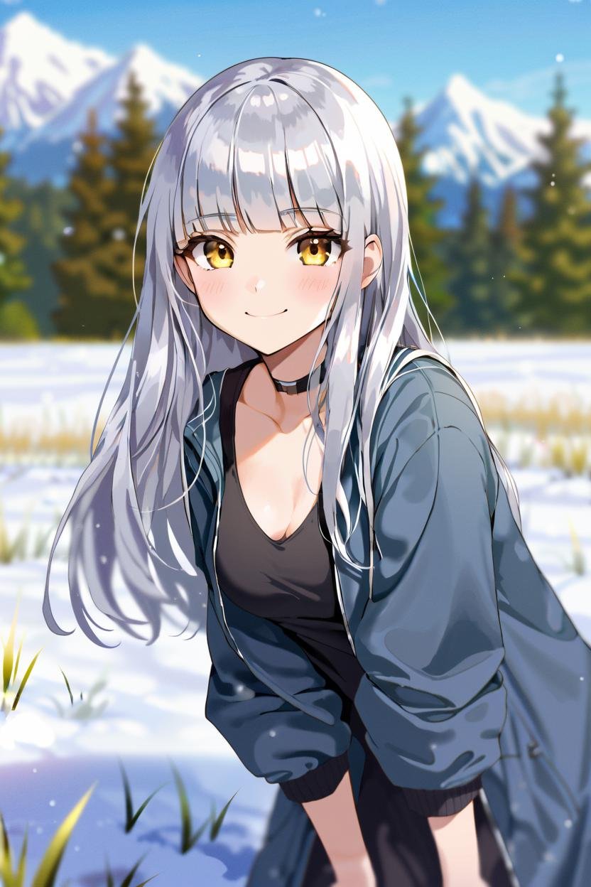 solo, long hair, wavy hair, silver hair, blunt bangs, yellow eyes, medium breasts, jacket, choker, smile, black t-shirt, arms behind back, leaning forward, oversized clothes, portrait, snow, field, depth of field, masterpiece, best quality,