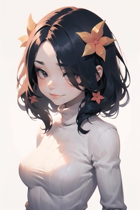 chibi female,   pointy  hair, intricate hair ornaments,   hair over eyes,  [sad face|grin face],         lovely medium breasts,   turtleneck,    