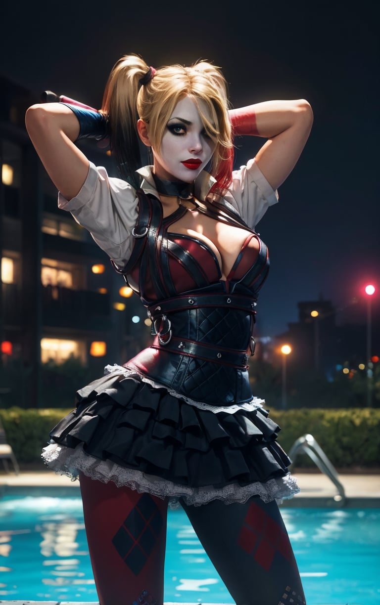 (masterpiece, best quality:1.4), insaneres, absurdres, solo, looking at viewer, BREAK GAME_ArkhamKnight_HarleyQuinn_ownwaifu, 1girl, blonde hair, twintails, breasts, makeup, multicolored hair, lipstick, large breasts, blue eyes, red lips, hair over one eye, eyeshadow, short twintails, two-tone hair, cleavage, skirt, pantyhose, choker, asymmetrical legwear, uneven legwear, gloves, mismatched legwear, puffy sleeves, detached sleeves, o-ring, frilled skirt, corset, thighhighs, frills, short sleeves, puffy short sleeves, (contrapposto, arms behind head), neon_lights, cityscape, night, pool, full moon, outdoors, <lora:GAME_ArkhamKnight_HarleyQuinn_ownwaifu:0.9> , depth of field ,