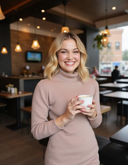 <lora:Olivia_Holt_Flux:1>, blonde wearing a turtleneck dress standing in a cafe having a coffee, looking at viewer, smiling 