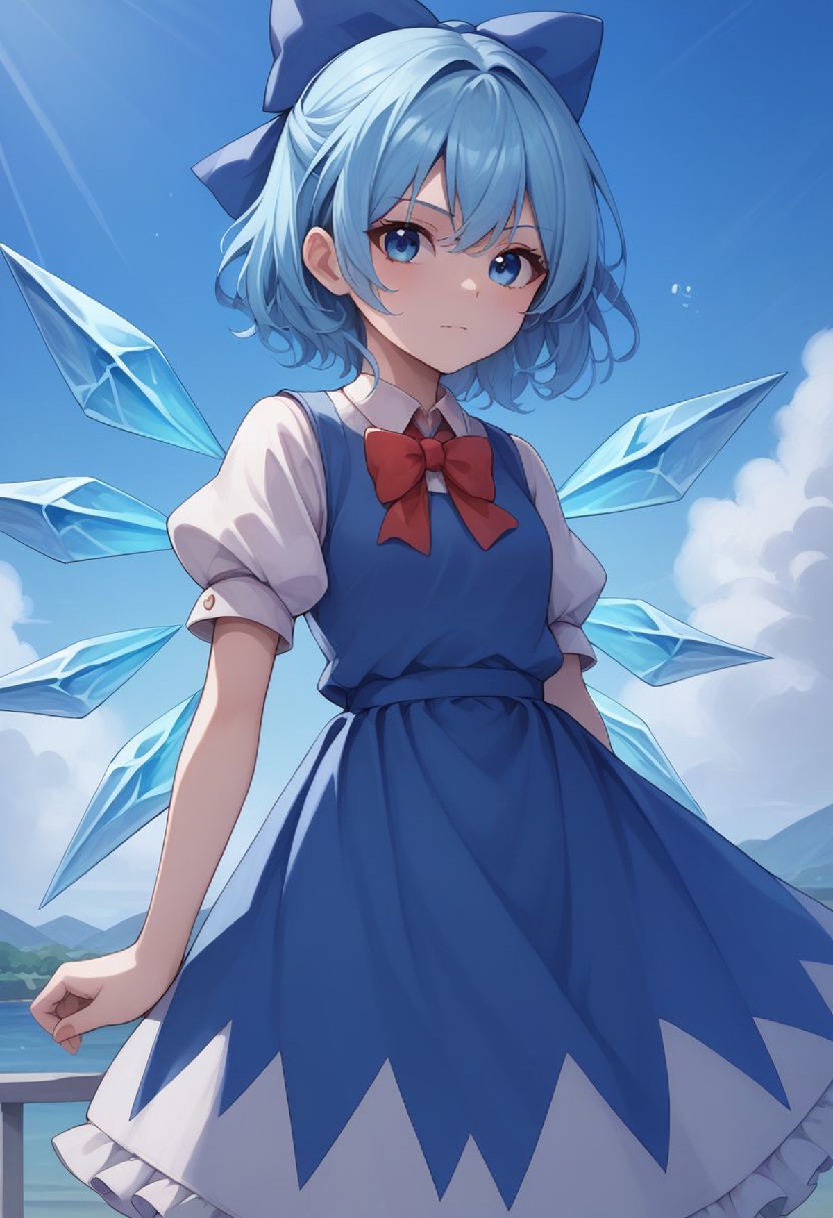 score_9, score_8_up, source_anime, highly detailed, cirno, 1girl, solo, blue eyes, wings, blue hair, ice wings, ice, short sleeves, bow, blue bow, blue dress, puffy sleeves, akanbe,puffy short sleevesoutdoor, 