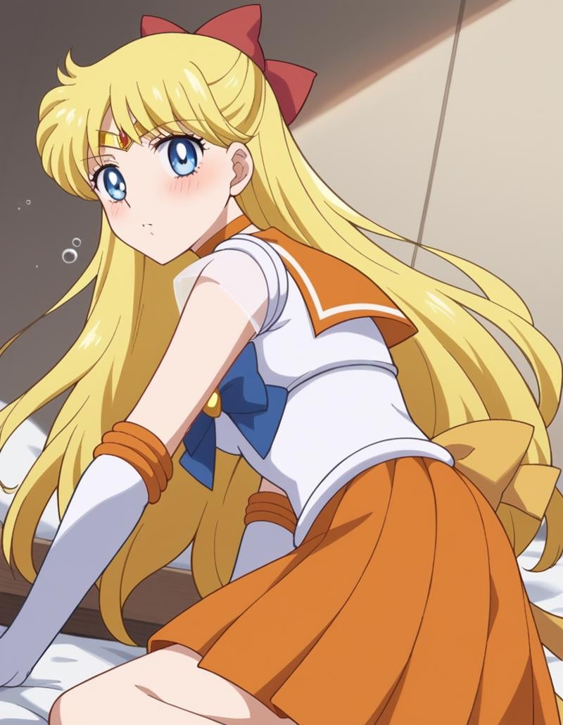 score_9, score_8_up, score_7_up, source_anime, <lora:minako-aino-eternal-movie1-ponyxl-lora-nochekaiser:1>, minako aino, blonde hair, blue eyes, bow, hair bow, half updo, long hair, red bow, tiara,, back bow, choker, elbow gloves, gloves, jewelry, magical girl, orange choker, orange sailor collar, orange skirt, sailor collar, sailor senshi uniform, school uniform, serafuku, skirt, white gloves,, indoors, bed, bed room, on side, blush, drunk, looking at viewer, solo,, cowboy shot, dutch angle