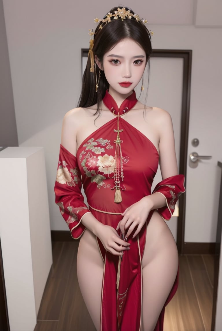 (masterpiece, best quality:1.4),finely detailed,1girl,solo,pale skin,perfect body,standing,(large breasts:1.1),<lora:性感红色婚纱肚兜连衣裙+美女-000006:0.75:yf>,(cowboy_shot:1.2),chinese clothes,dress,dudou,killer,red dress,floral print,