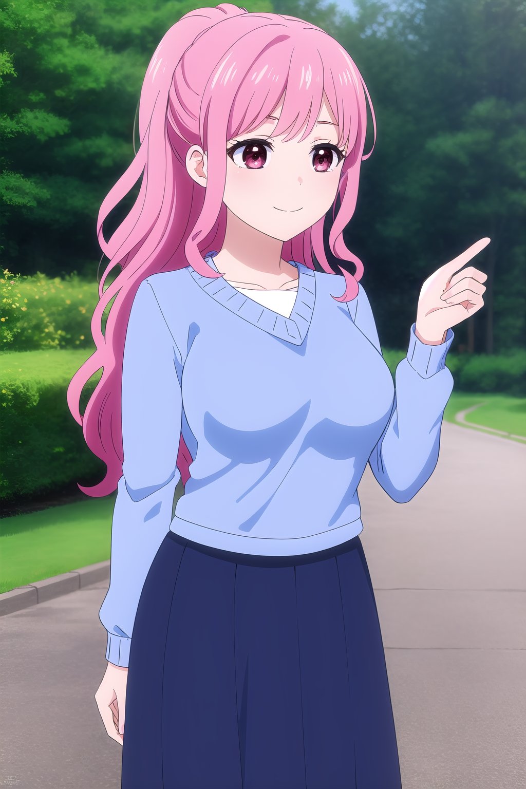 (masterpiece, best quality), highly detailed background, perfect lightingbest quality, yanagidakaoruko, solo, outdoors, nature, pink hair, high ponytail, half updo, swept bangs, wavy hair, very long hair, sidelocks, pink eyes, medium breasts, blue shirt, long sleeves, purple skirt, long skirt, frills, smile, closed mouth, :), <lora:Yanagida-Kaoruko-2-10:0.7>