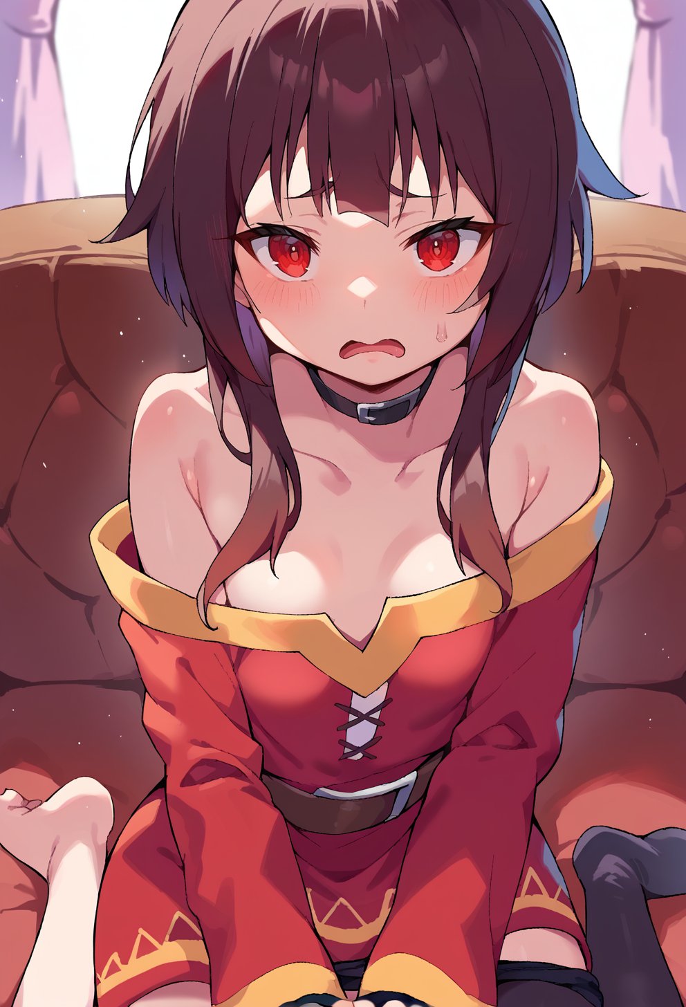 score_9, score_8_up, score_7_up, score_6_up, source anime, BREAK<lora:konosuba_megumin:0.8> nimugempnxl, megumin, 1girl, solo, short hair with long locks, small breasts, upper body,fingerless gloves, blush, sitting, open mouth, single thighhigh, looking at viewer, bare shoulders, off shoulder, black choker, couch, barefoot, off-shoulder dress, sweatdrop, black panties, pantyhose pull